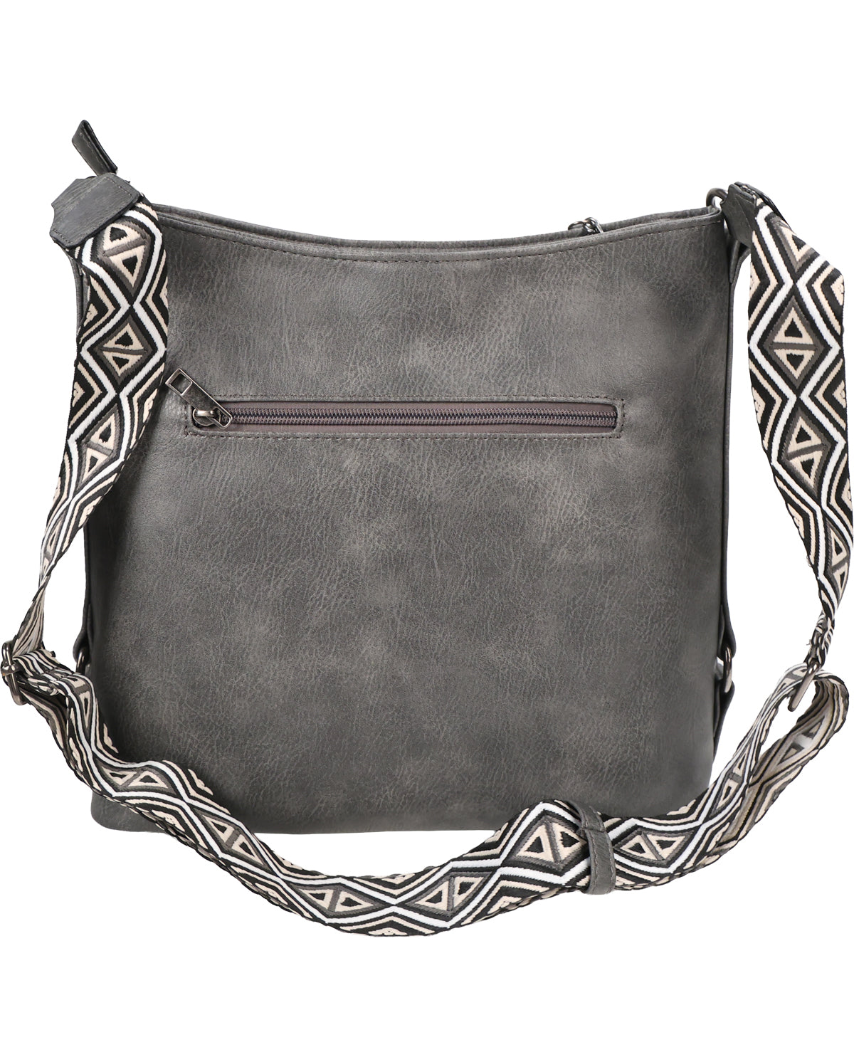 A dark gray faux-leather shoulder bag with a front zippered pocket and a wide, patterned woven strap featuring black, white, and gray geometric designs.