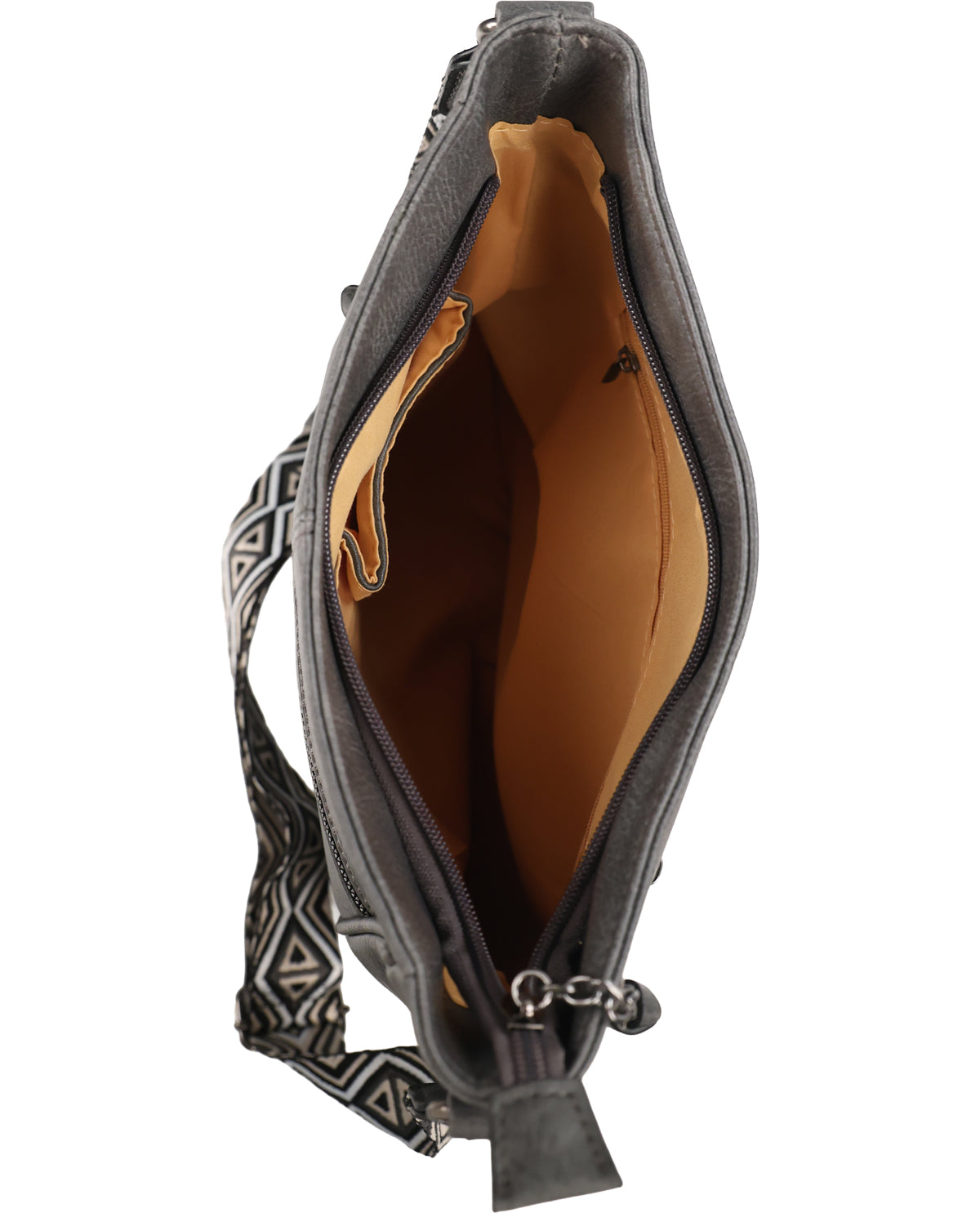 A dark gray leather shoulder bag shown from a top-down view, highlighting its tan interior lining and a patterned woven strap with black, white, and gray geometric designs.