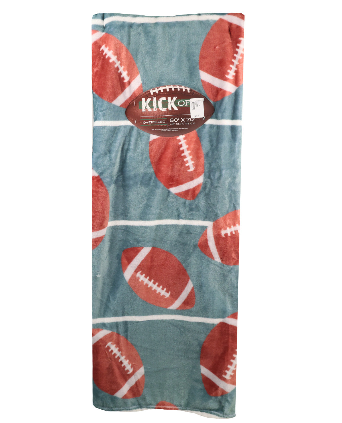 Folded blanket with football pattern and 'Kick Off' label on a white background