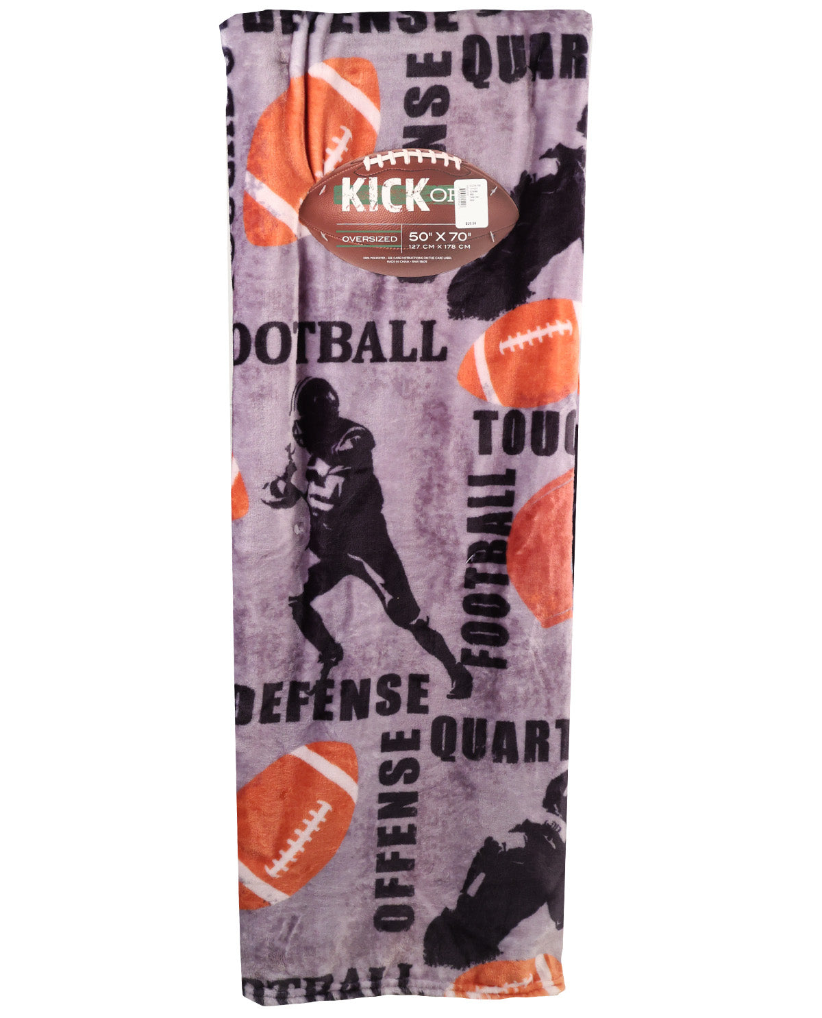 Flannel blanket with football-themed design and 'Kick Off' branding on a white background