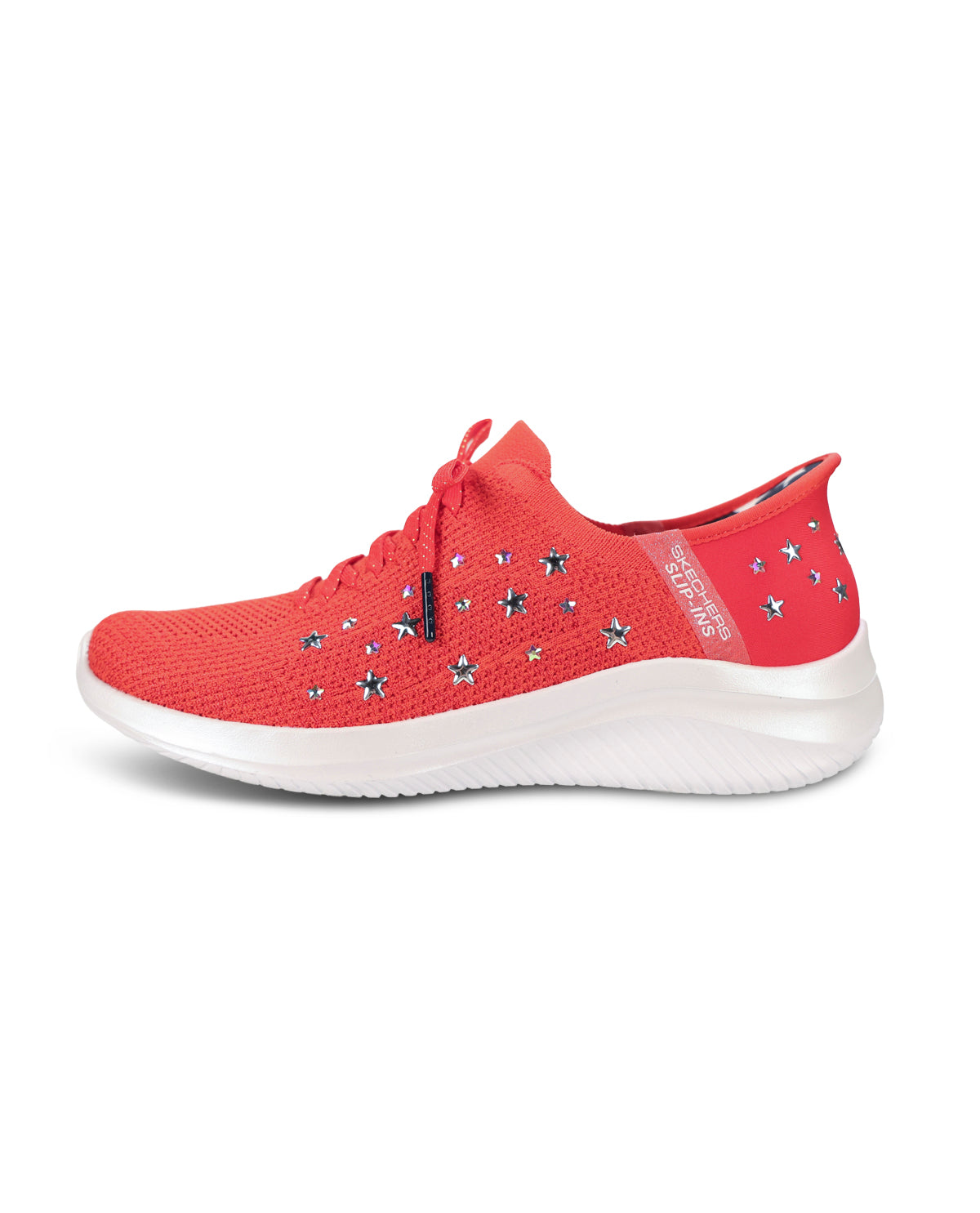 A red knit athletic sneaker with star-shaped embellishments on the side, a red heel tab, and a thick white sole, shown from a side profile on a white background.