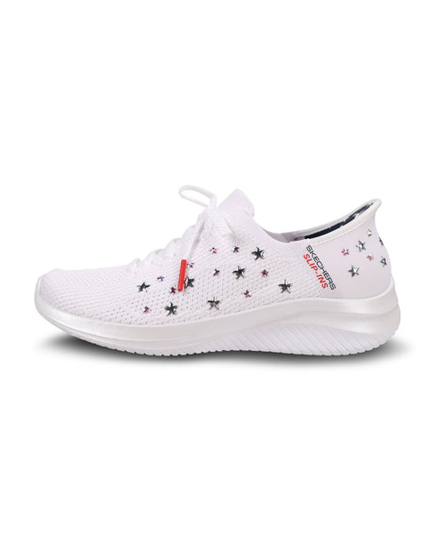A white knit athletic sneaker with small black and red star embellishments, shown from a side profile on a white background.