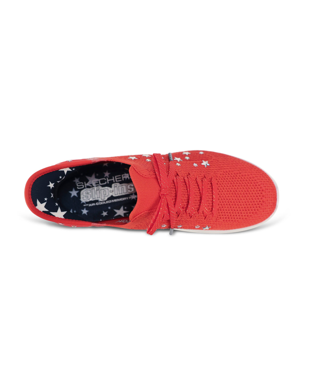 A red Skechers Go Nuts sneaker shown from a top-down view, featuring a red mesh upper, red laces, and a navy blue insole decorated with white stars.