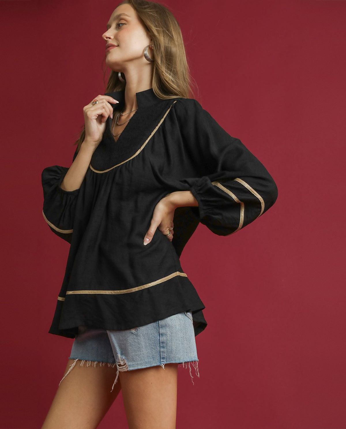 Umgee Boho Peasant Blouse with Long Balloon Sleeves