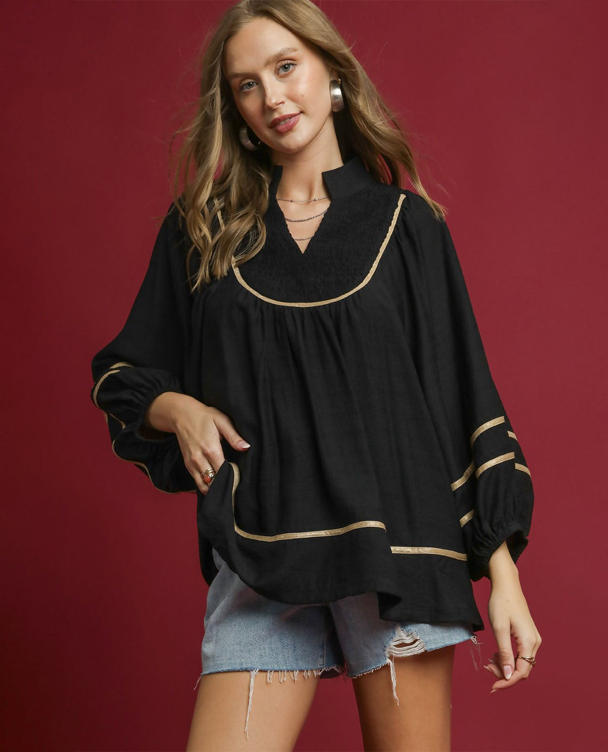Umgee Boho Peasant Blouse with Long Balloon Sleeves