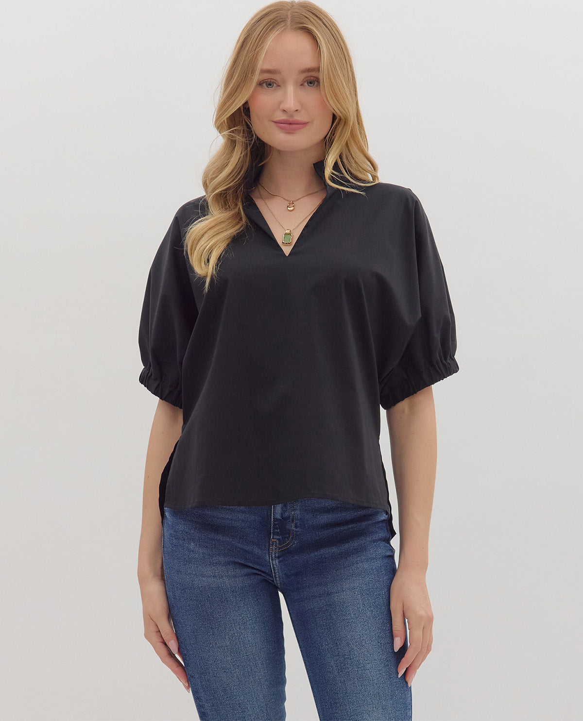 Entro Solid Vneck Puff Sleeve Top