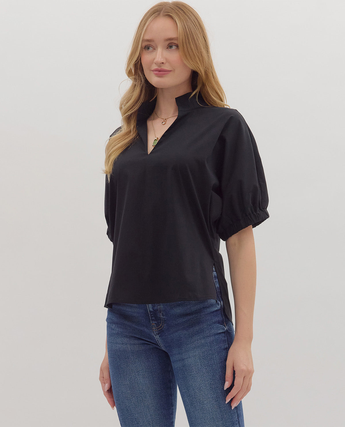 Entro Solid Vneck Puff Sleeve Top