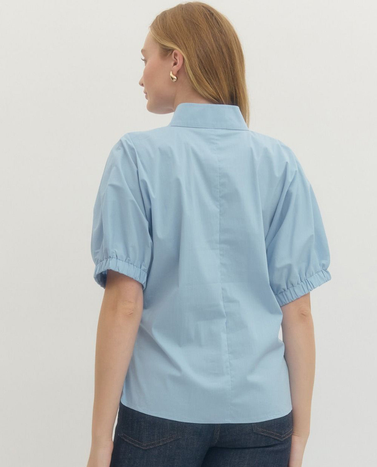 Entro Solid V-Neck Puff Sleeve Top