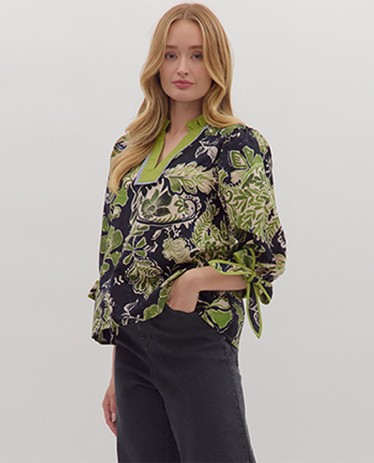 Entro Floral 3/4 Sleeve Top with Ruffle Neck