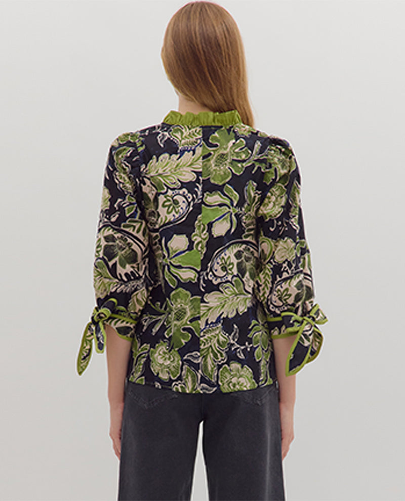 Entro Floral 3/4 Sleeve Top with Ruffle Neck