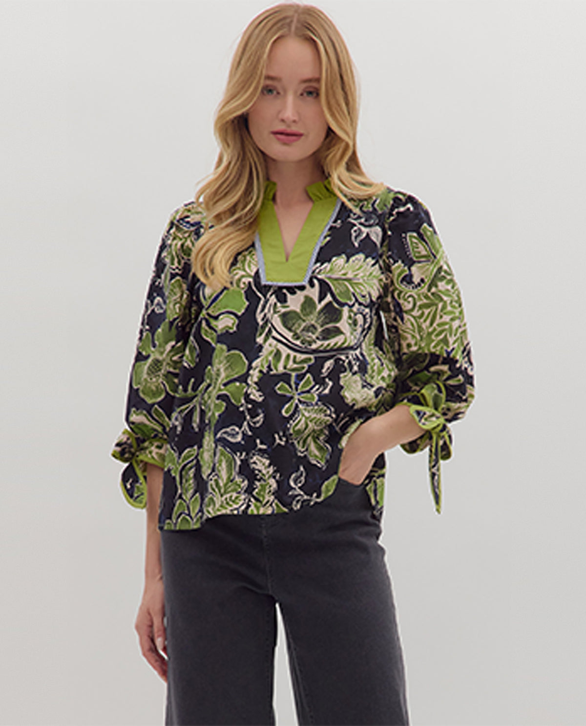 Entro Floral 3/4 Sleeve Top with Ruffle Neck