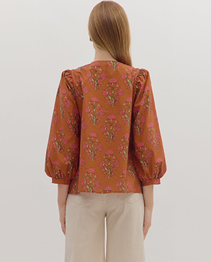 Entro Floral Top with Embroidered Knot Trim