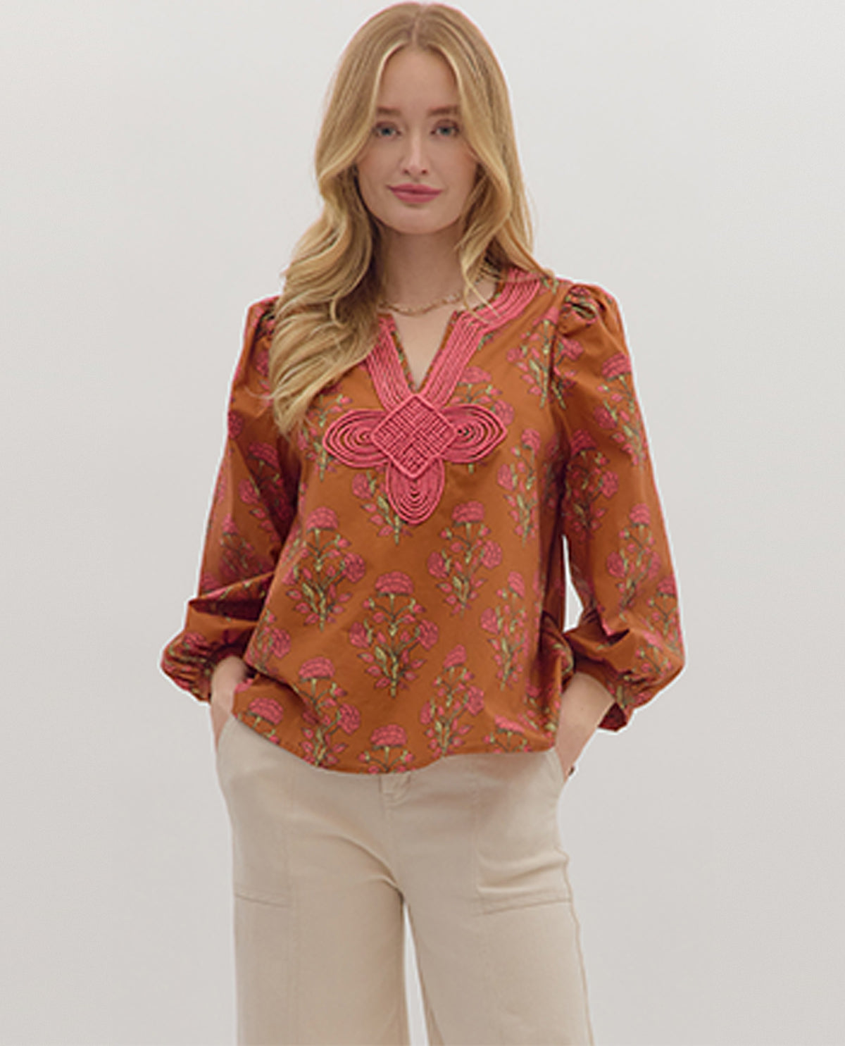 Entro Floral Top with Embroidered Knot Trim