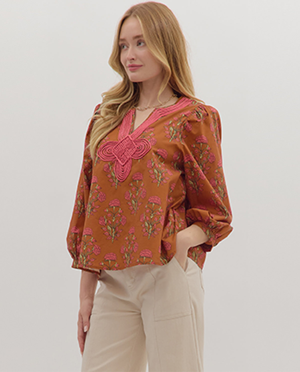 Entro Floral Top with Embroidered Knot Trim