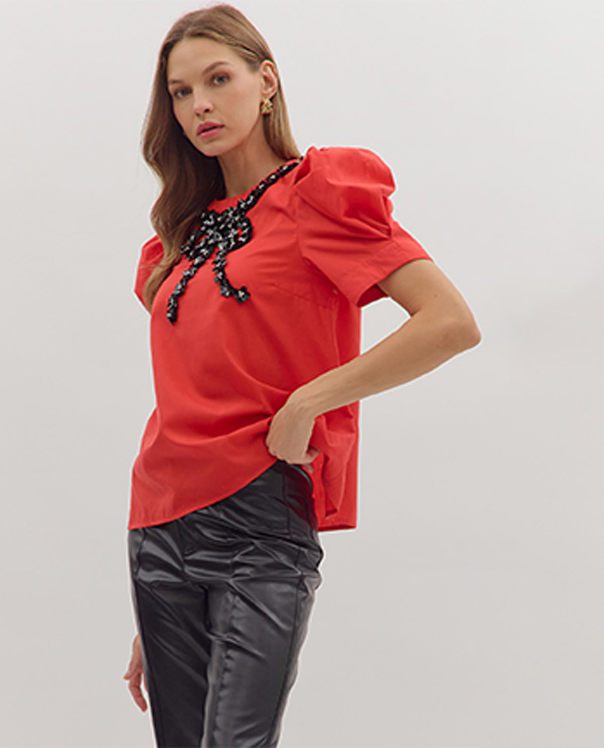 Entro Puff Sleeve Top with Bow Detail