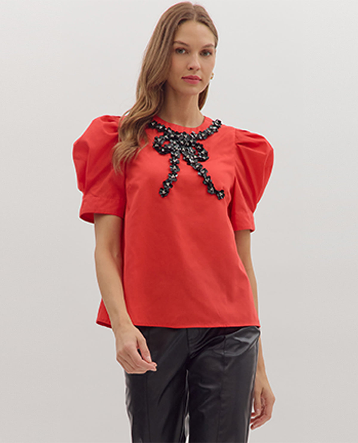 Entro Puff Sleeve Top with Bow Detail