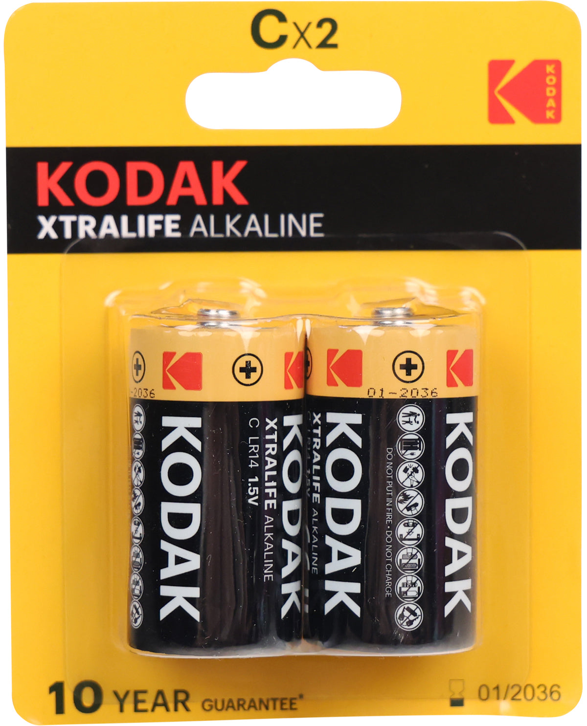 Two Kodak Xtralife alkaline batteries in a yellow packaging with a clear window.