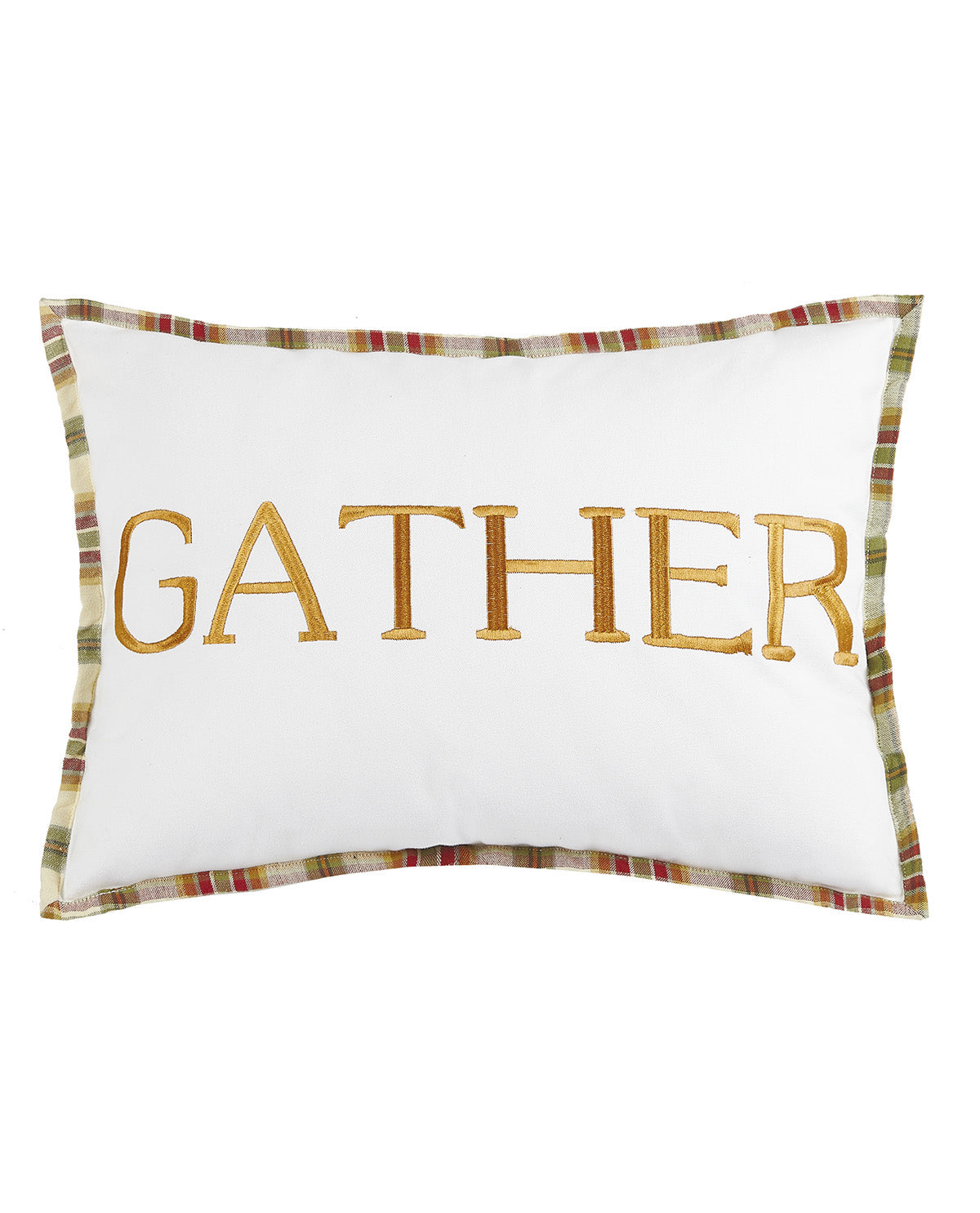 A square white decorative pillow featuring the word 'GATHER' in large gold embroidered letters, finished with a multicolor plaid border.