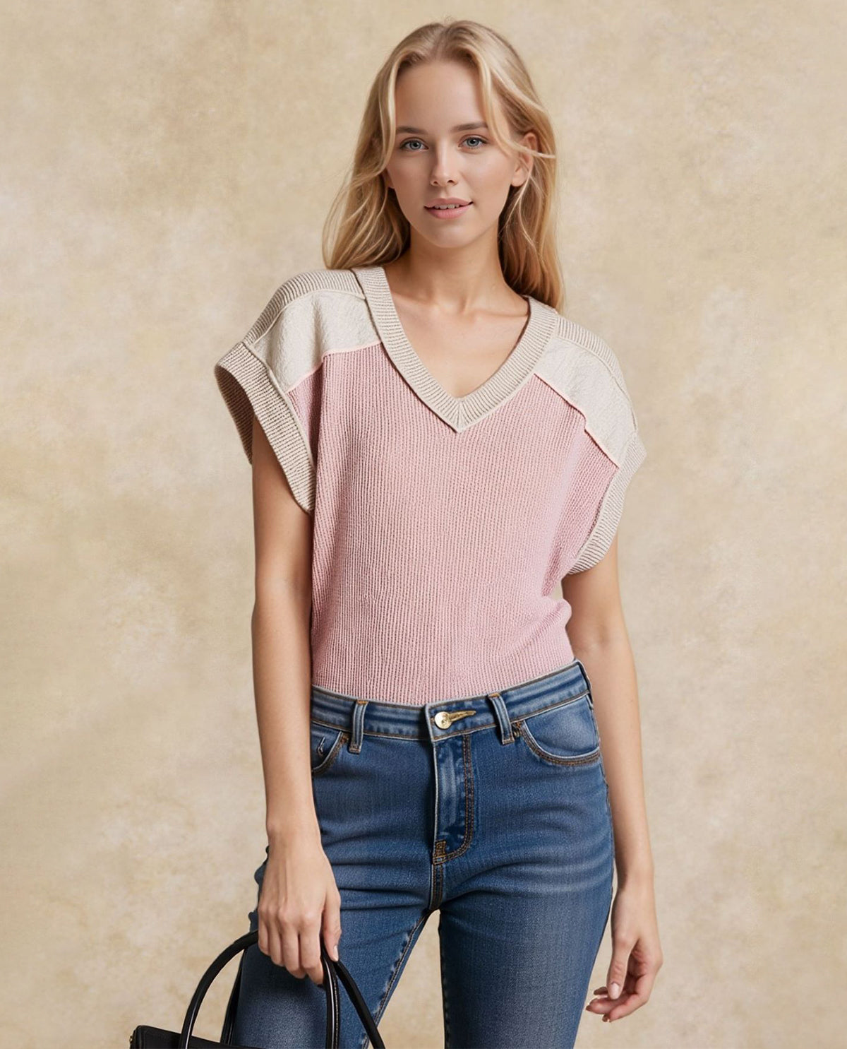 Heimish V-neck with Print Shoulder Short Sleeve Top