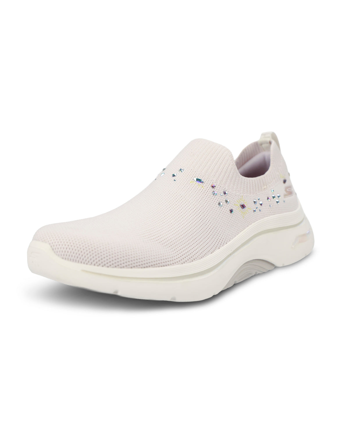 A white slip-on mesh sneaker with small multicolor embroidered details on the side, shown against a plain white background.