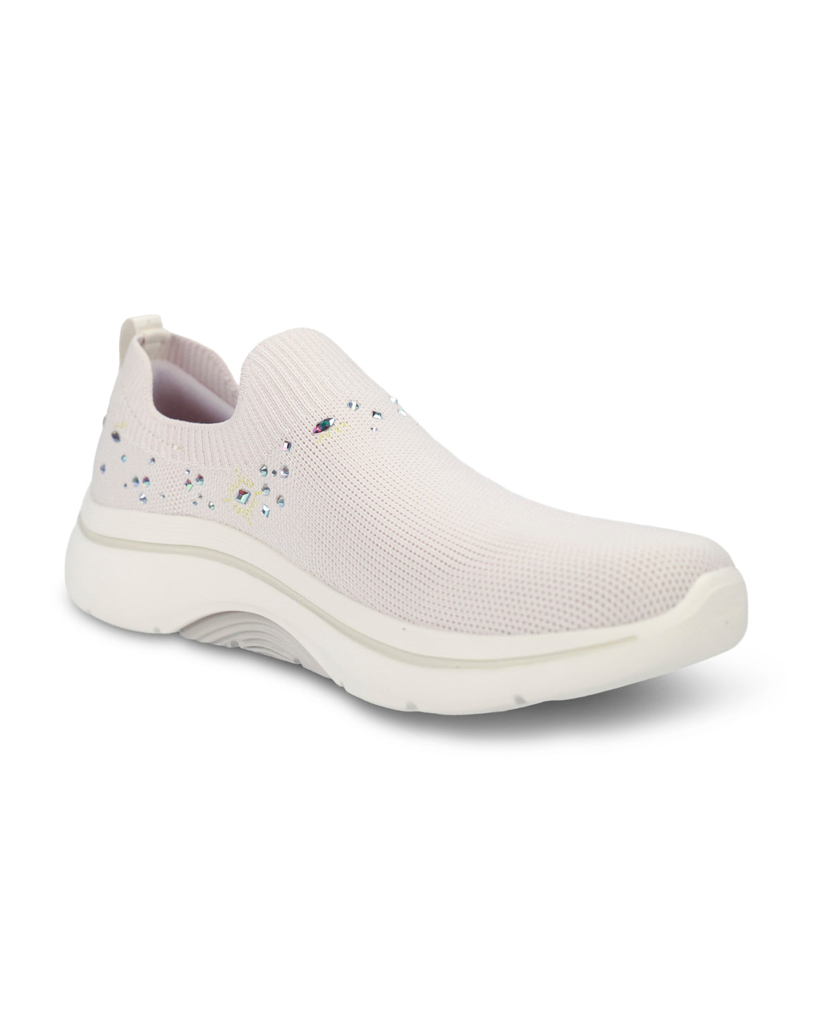 A white slip-on sneaker with a textured knit upper, decorated with small scattered rhinestones on the side, set against a plain white background.