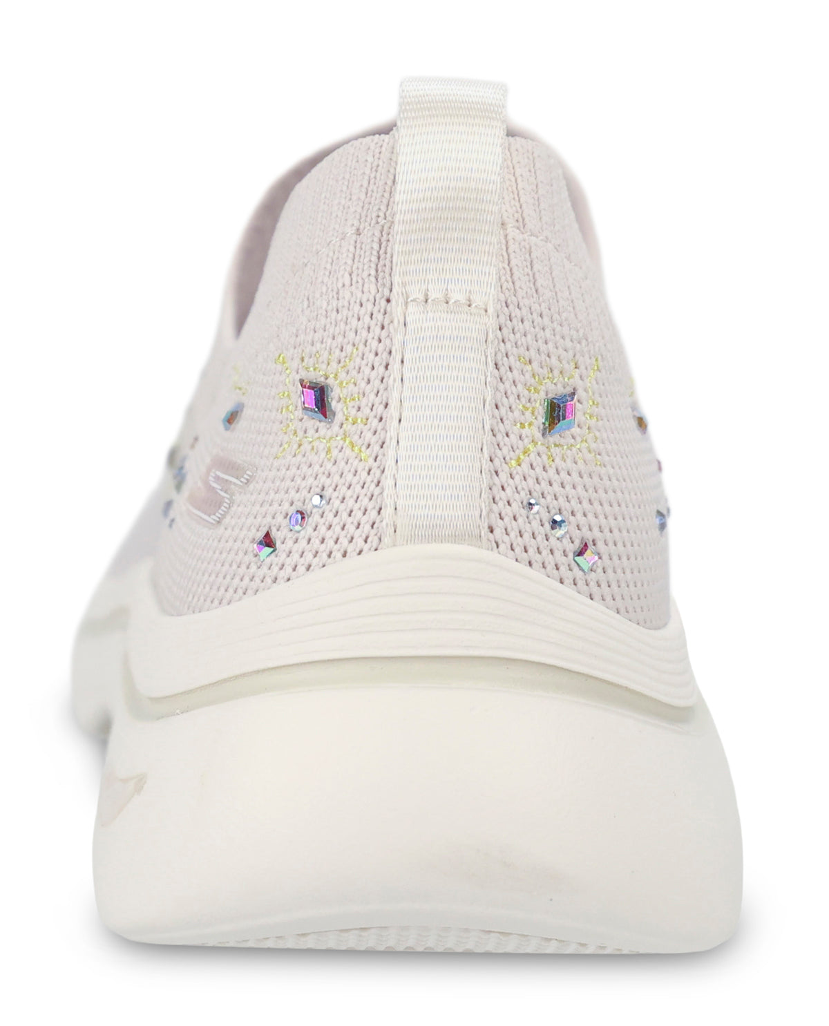 White knit slip-on sneaker with rhinestone embellishments on the side, shown from a rear three-quarter view against a white background.