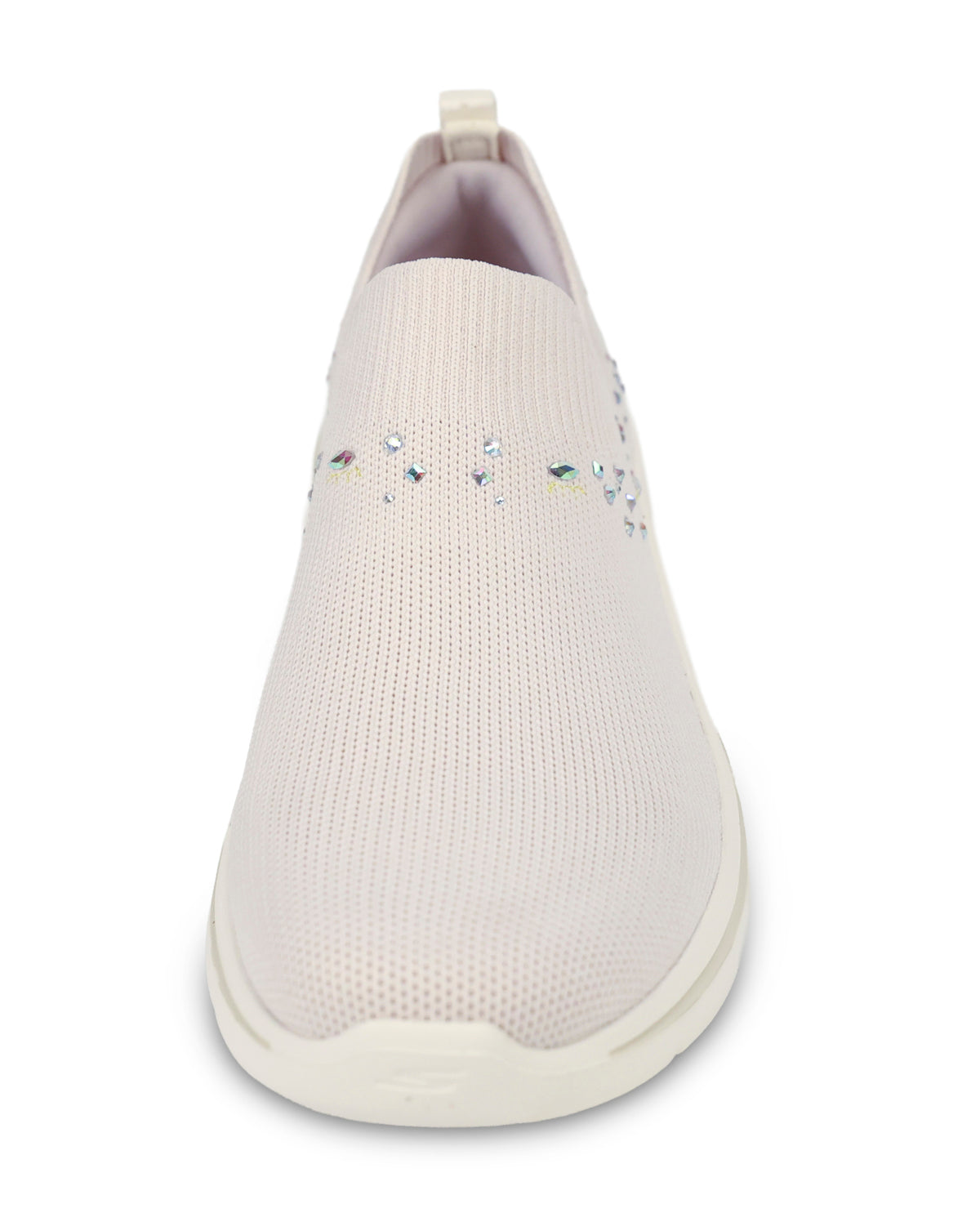A single slip-on sneaker in off-white knit fabric, decorated with small iridescent rhinestones across the upper, shown against a plain white background.