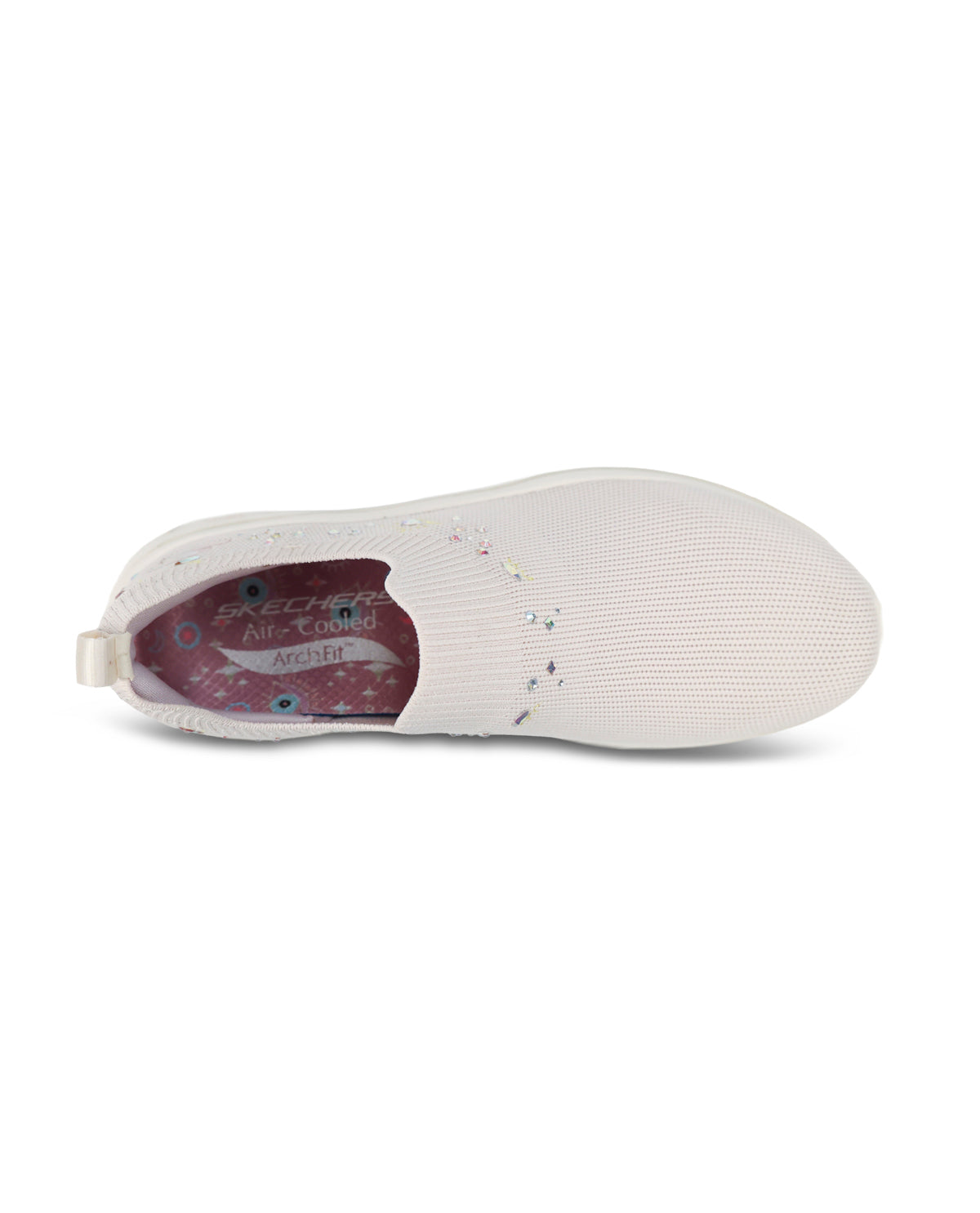 A white slip-on sneaker shown from a side profile view against a plain white background, featuring a textured upper and a visible pinkish-purple interior lining with 'Skechers Air-Tight' branding.