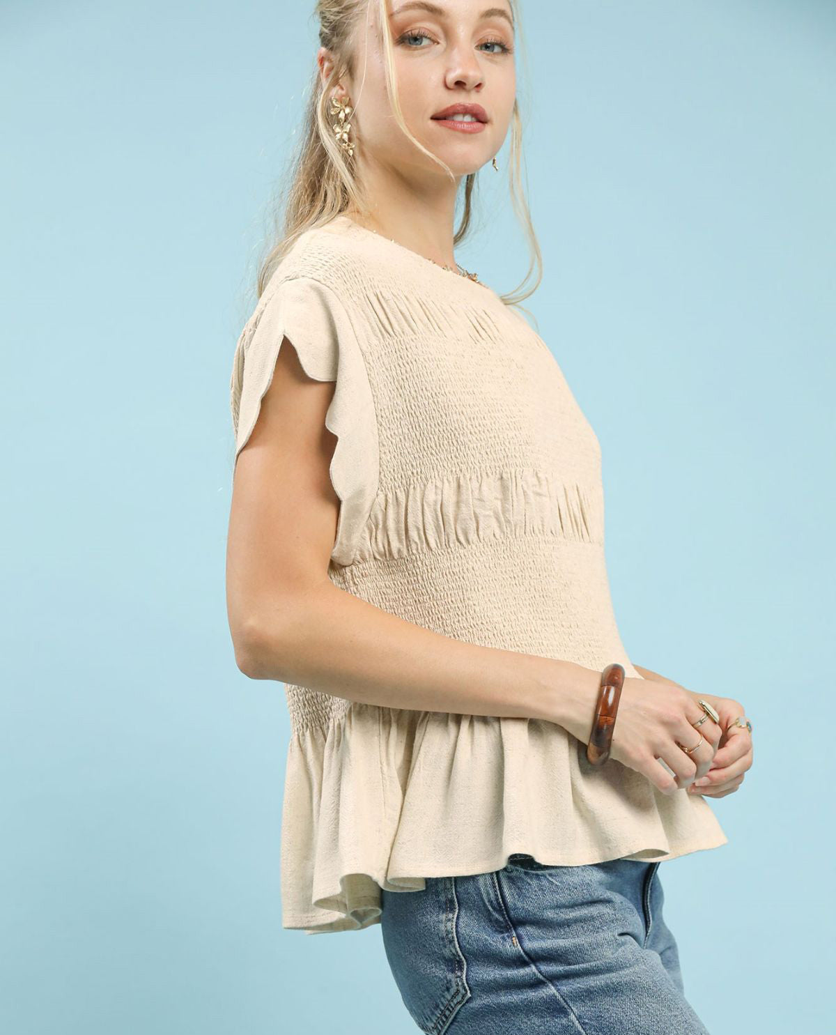Linen Blend Smocked Peplum Top with Short Scallop Edge Sleeves