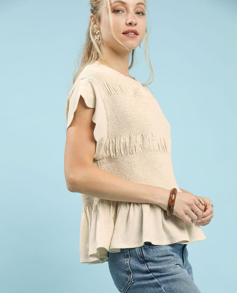 Linen Blend Smocked Peplum Top with Short Scallop Edge Sleeves