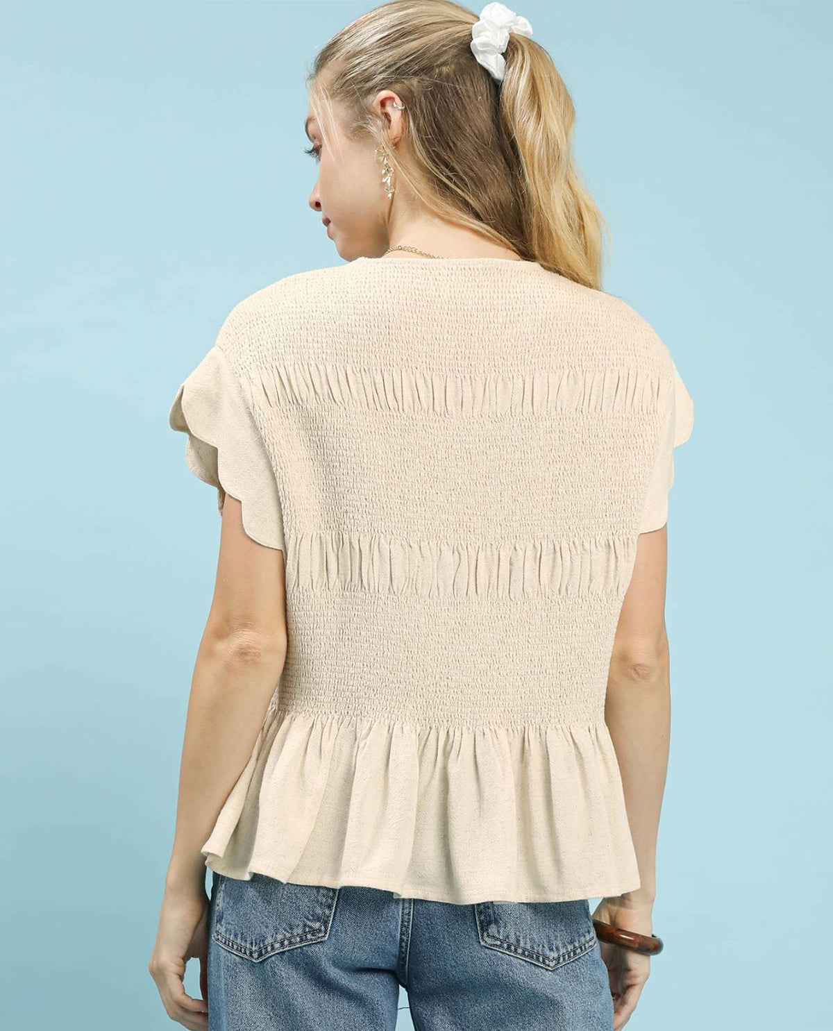 Linen Blend Smocked Peplum Top with Short Scallop Edge Sleeves