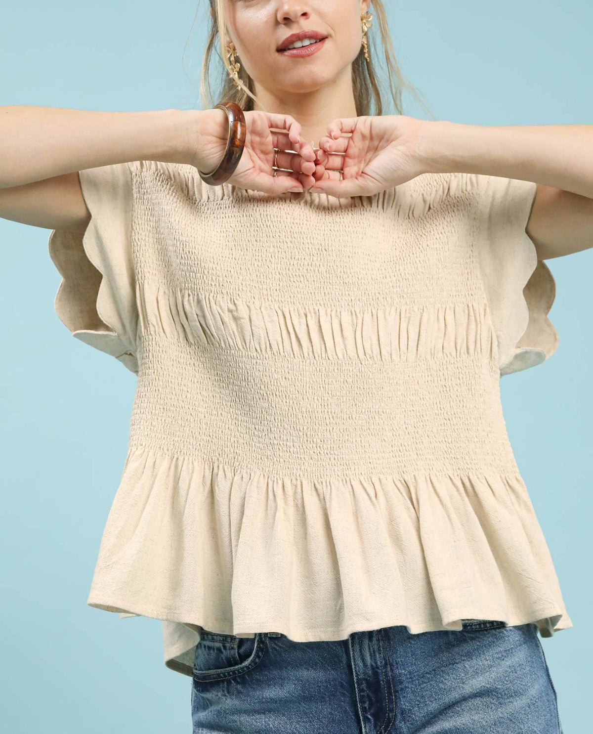 Linen Blend Smocked Peplum Top with Short Scallop Edge Sleeves