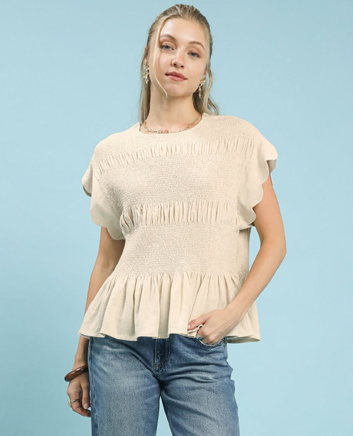 Linen Blend Smocked Peplum Top with Short Scallop Edge Sleeves