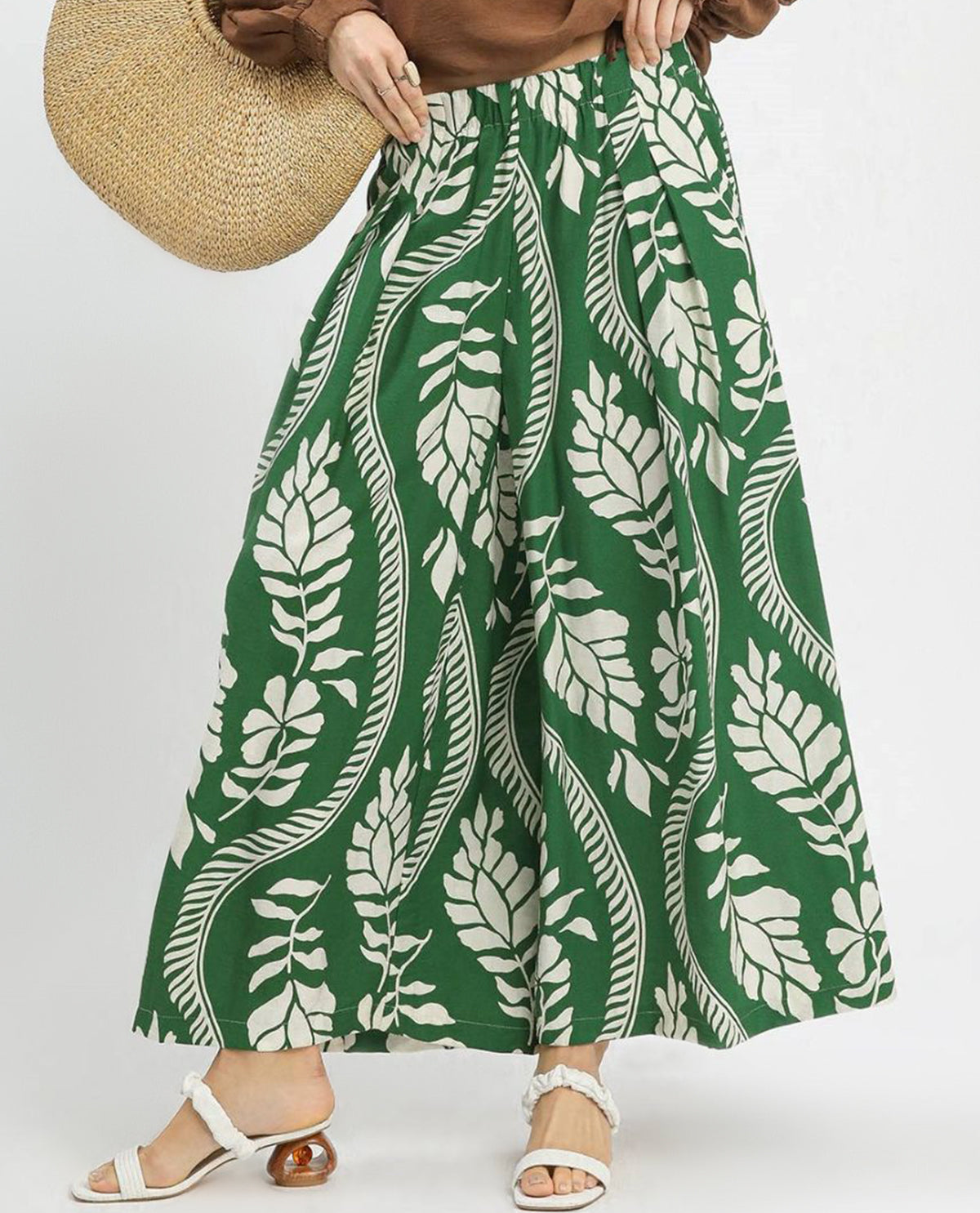 Tropical Leaf Print Wide Leg Pants