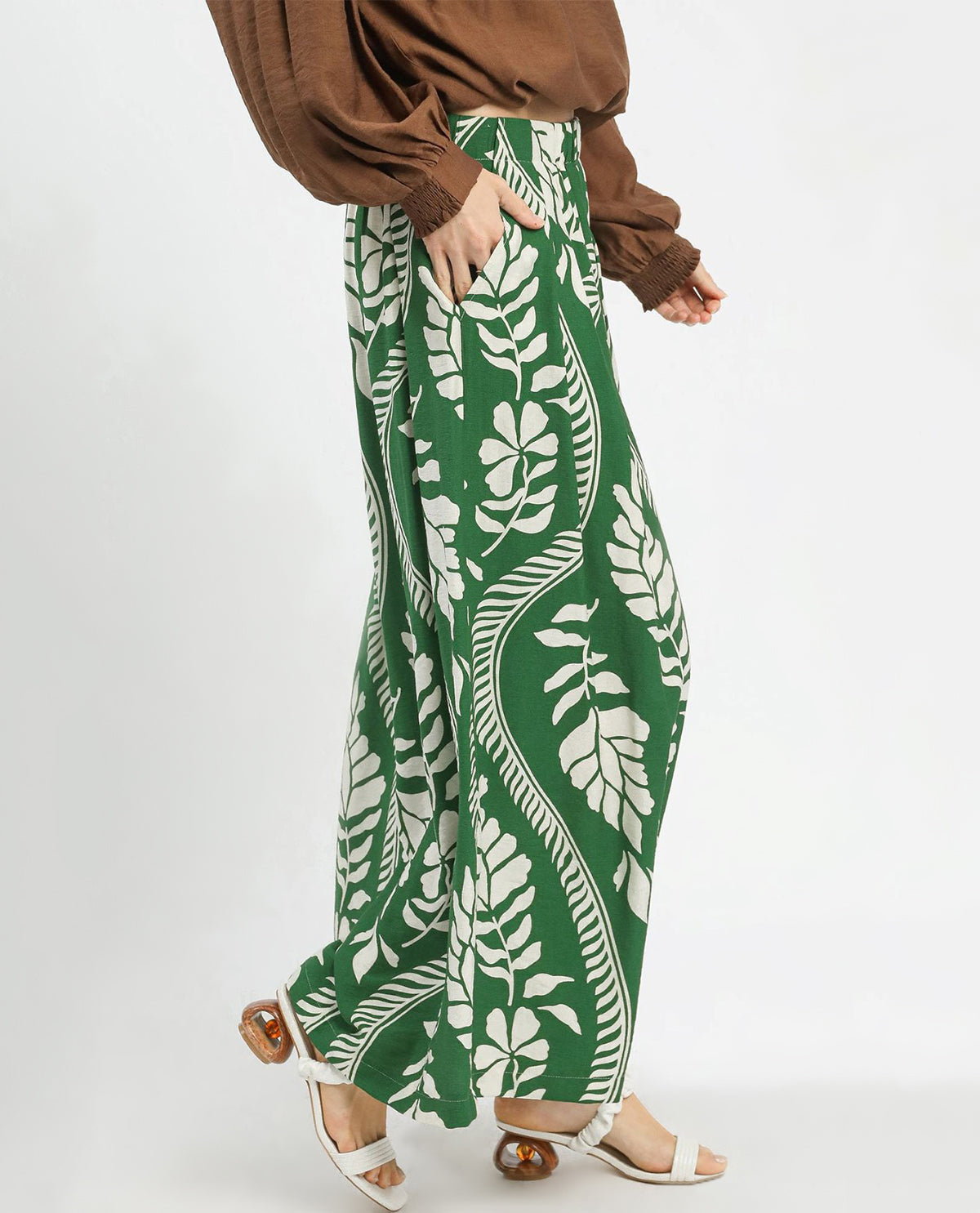Tropical Leaf Print Wide Leg Pants