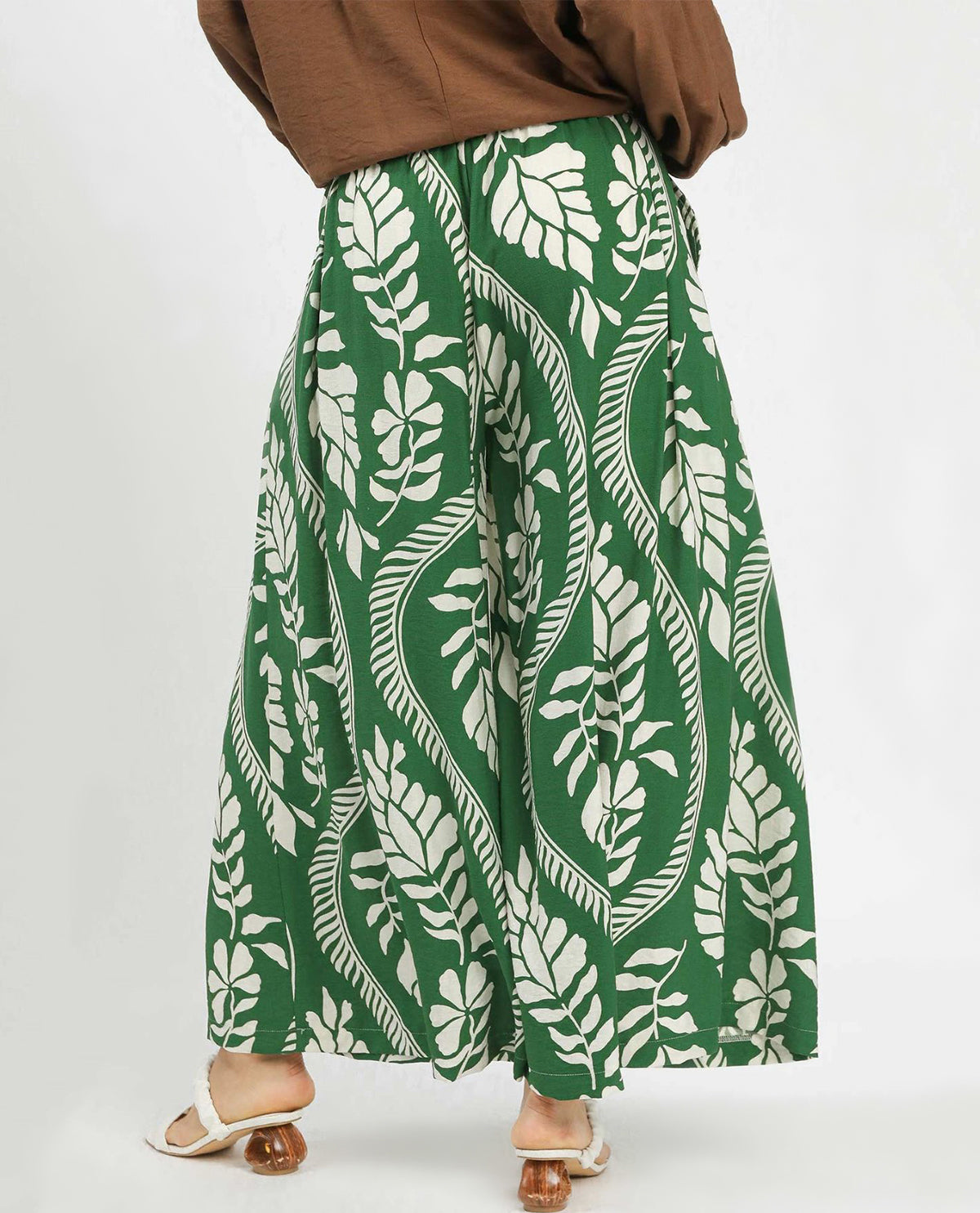 Tropical Leaf Print Wide Leg Pants