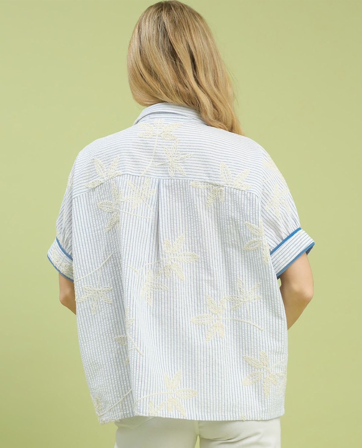 Striped Embroidered Top with Scallop Trim