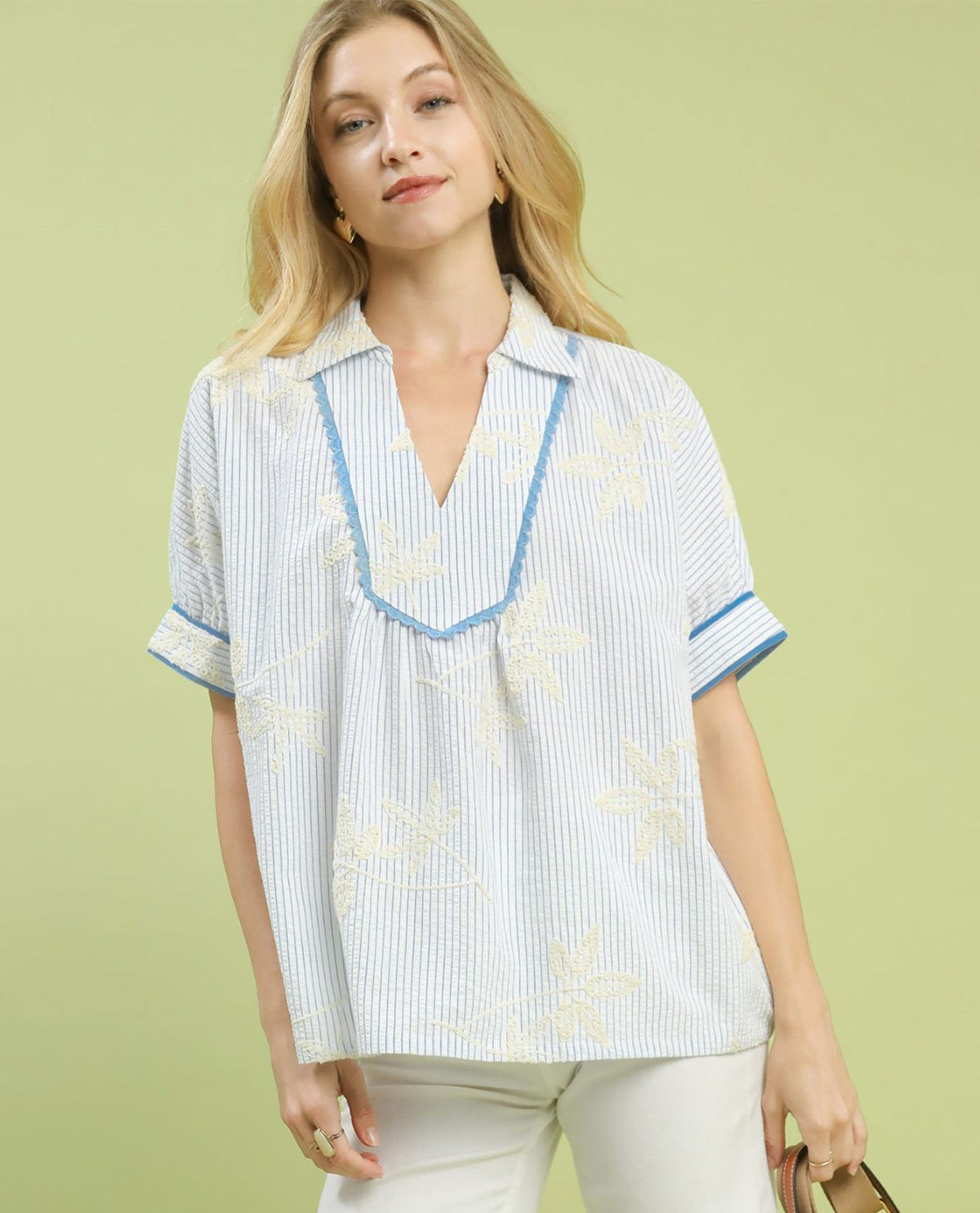 Striped Embroidered Top with Scallop Trim