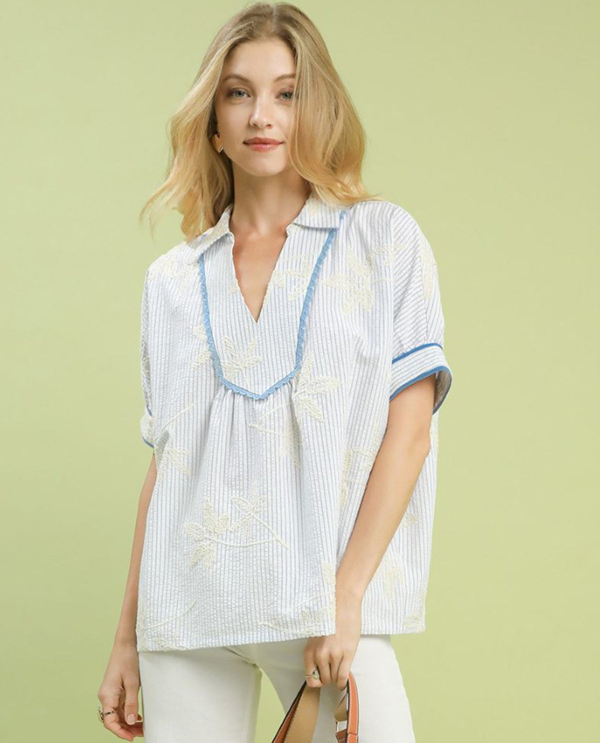 Striped Embroidered Top with Scallop Trim