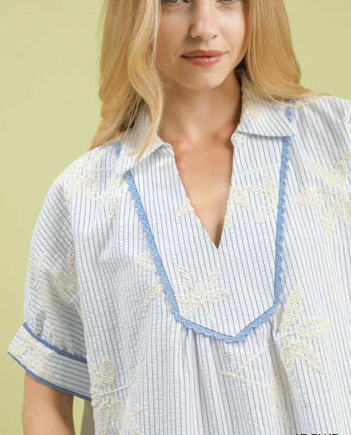 Striped Embroidered Top with Scallop Trim