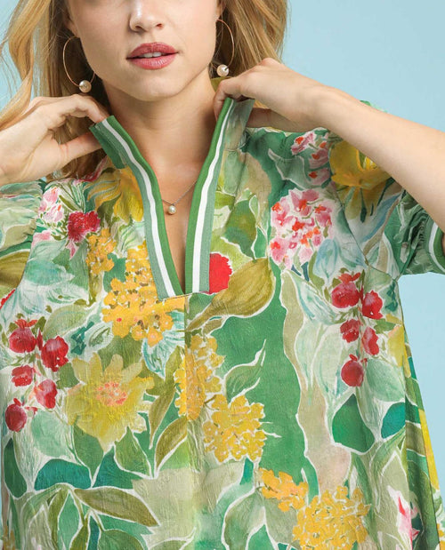 Jacquard Print Print Mini Dress with V-neckline Striped Contrast Trim Collar