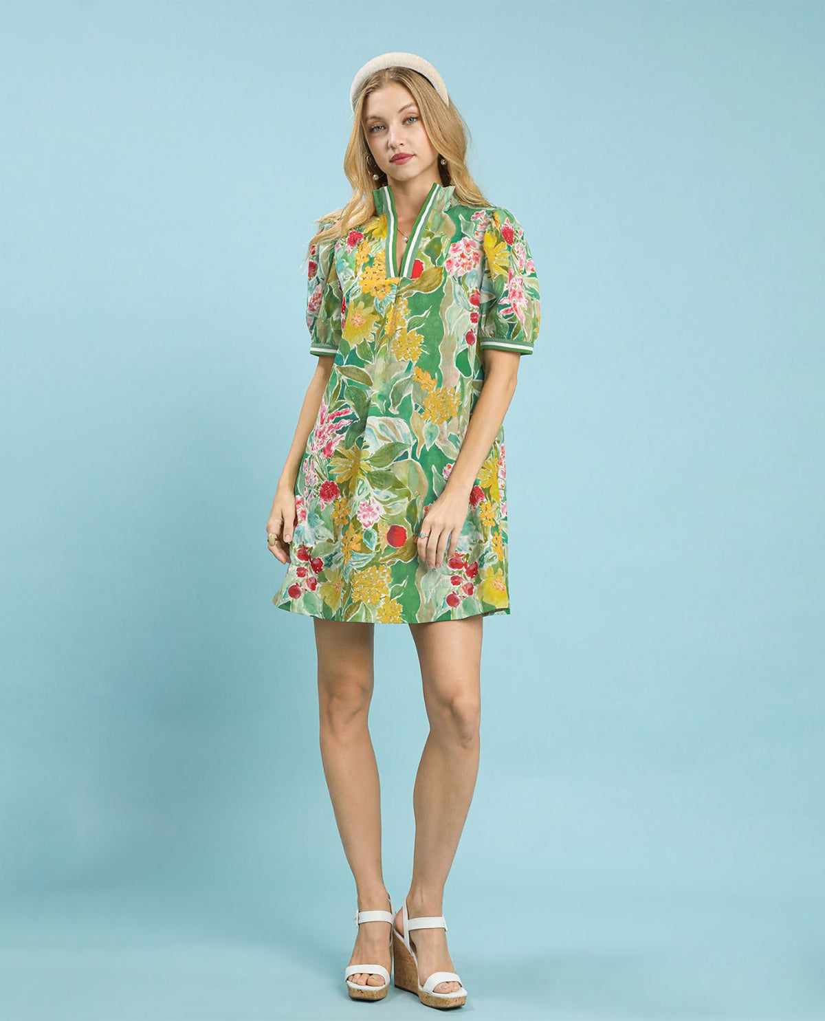 Jacquard Print Print Mini Dress with V-neckline Striped Contrast Trim Collar