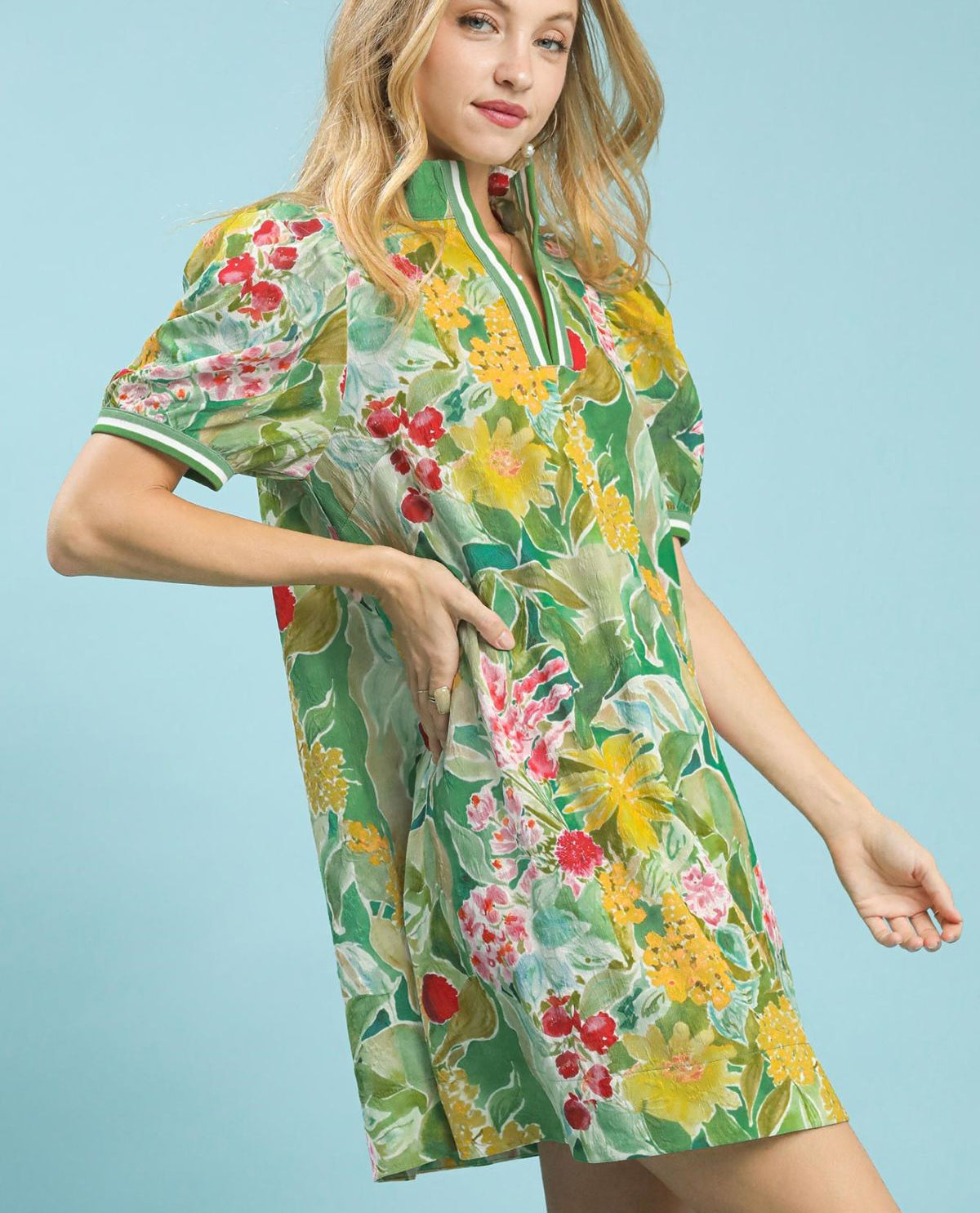 Jacquard Print Print Mini Dress with V-neckline Striped Contrast Trim Collar