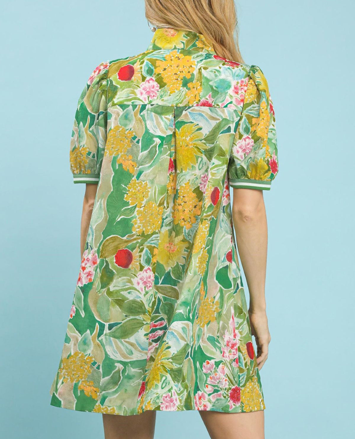 Jacquard Print Print Mini Dress with V-neckline Striped Contrast Trim Collar