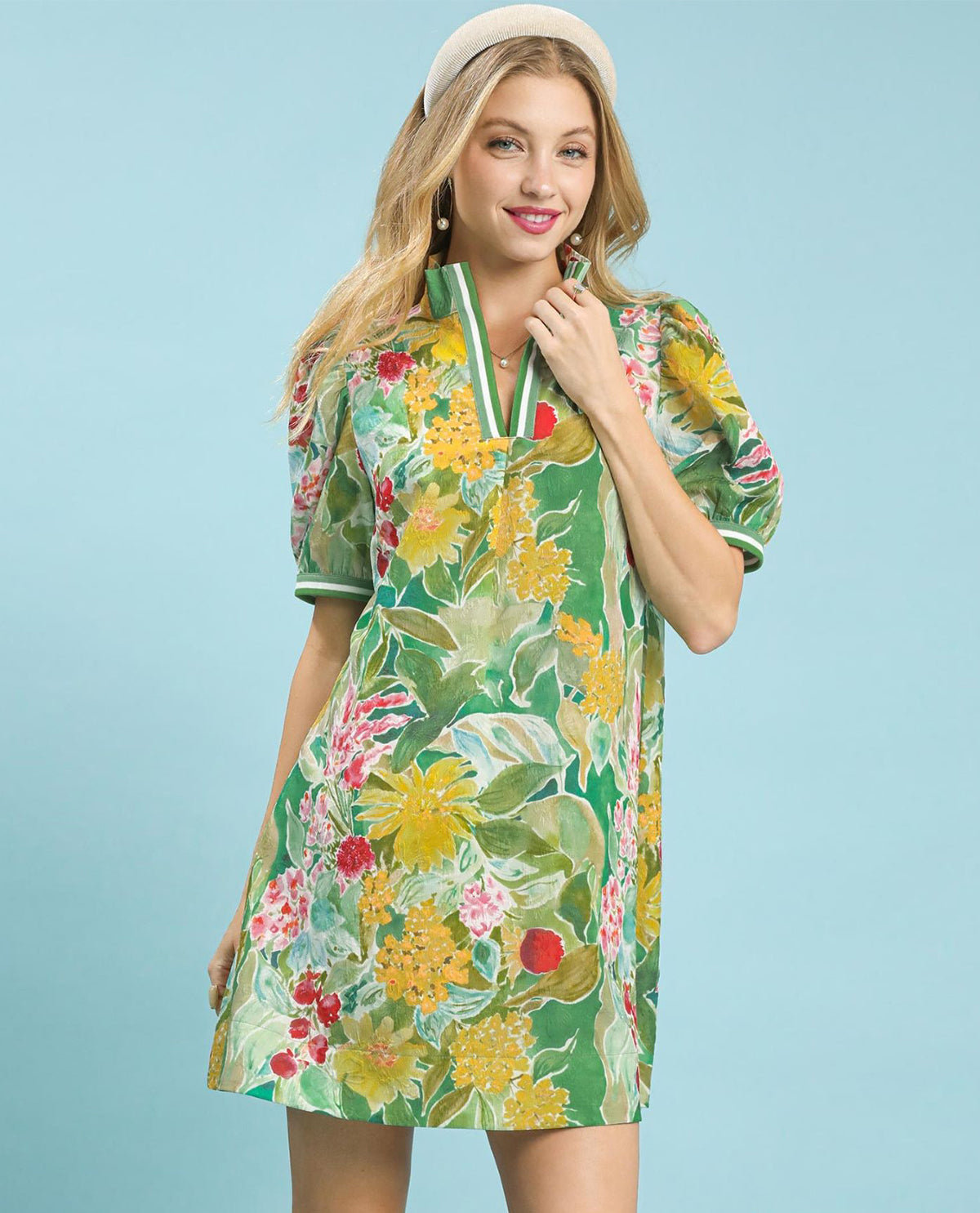 Jacquard Print Print Mini Dress with V-neckline Striped Contrast Trim Collar