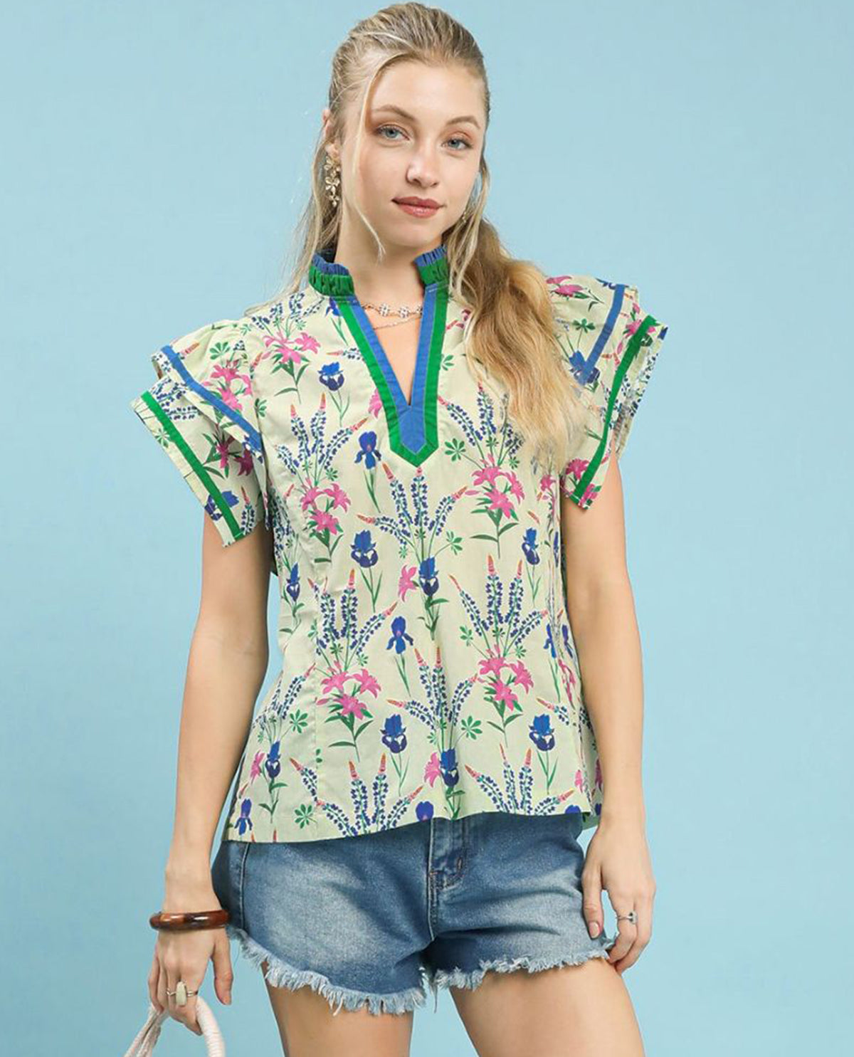 Floral Mix Print Top with Flutter Sleeves