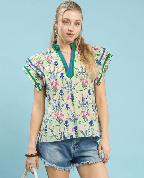 Floral Mix Print Top with Flutter Sleeves