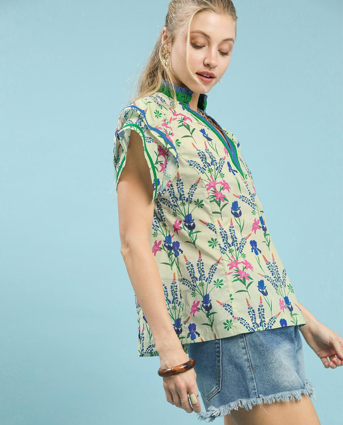 Floral Mix Print Top with Flutter Sleeves