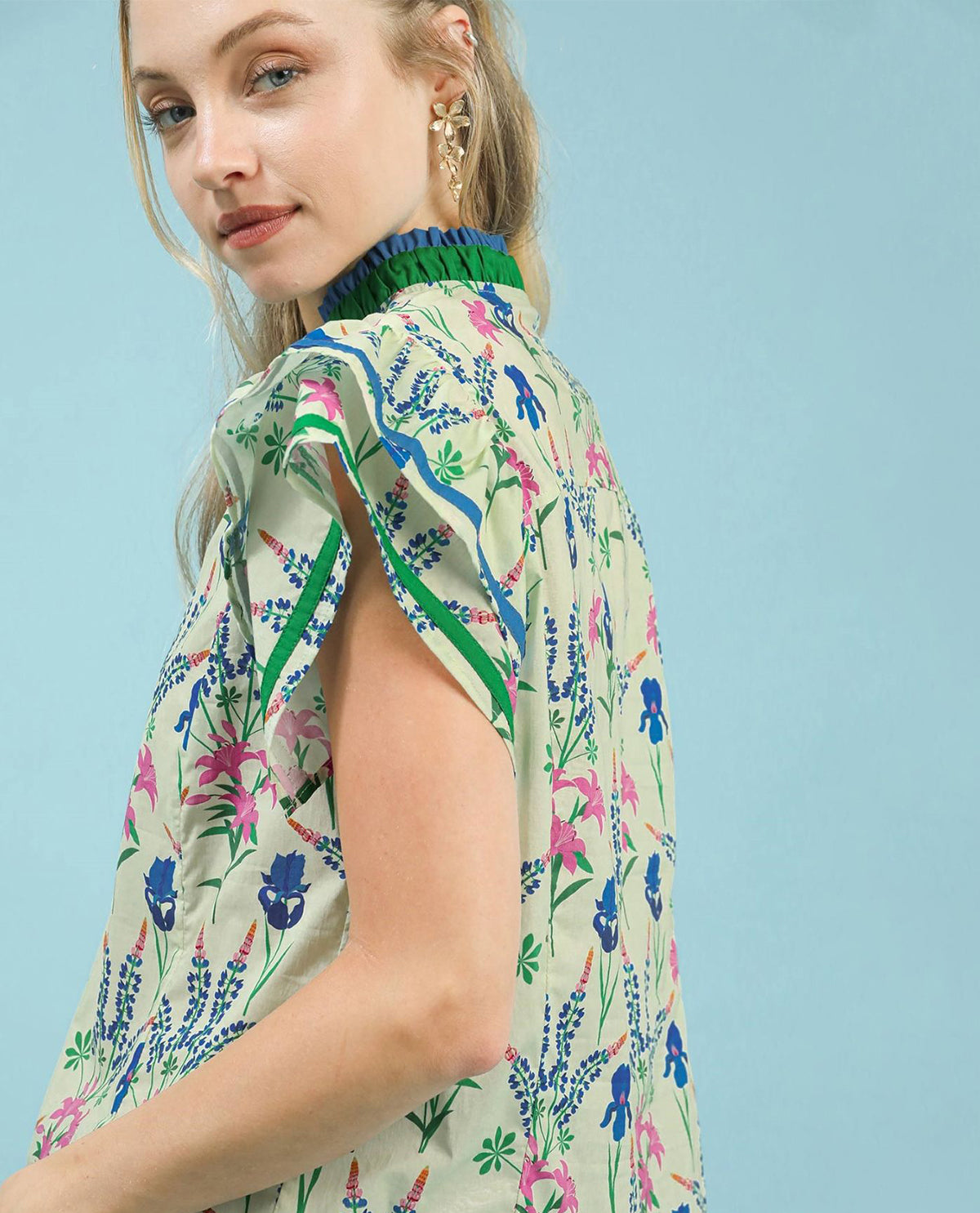 Floral Mix Print Top with Flutter Sleeves