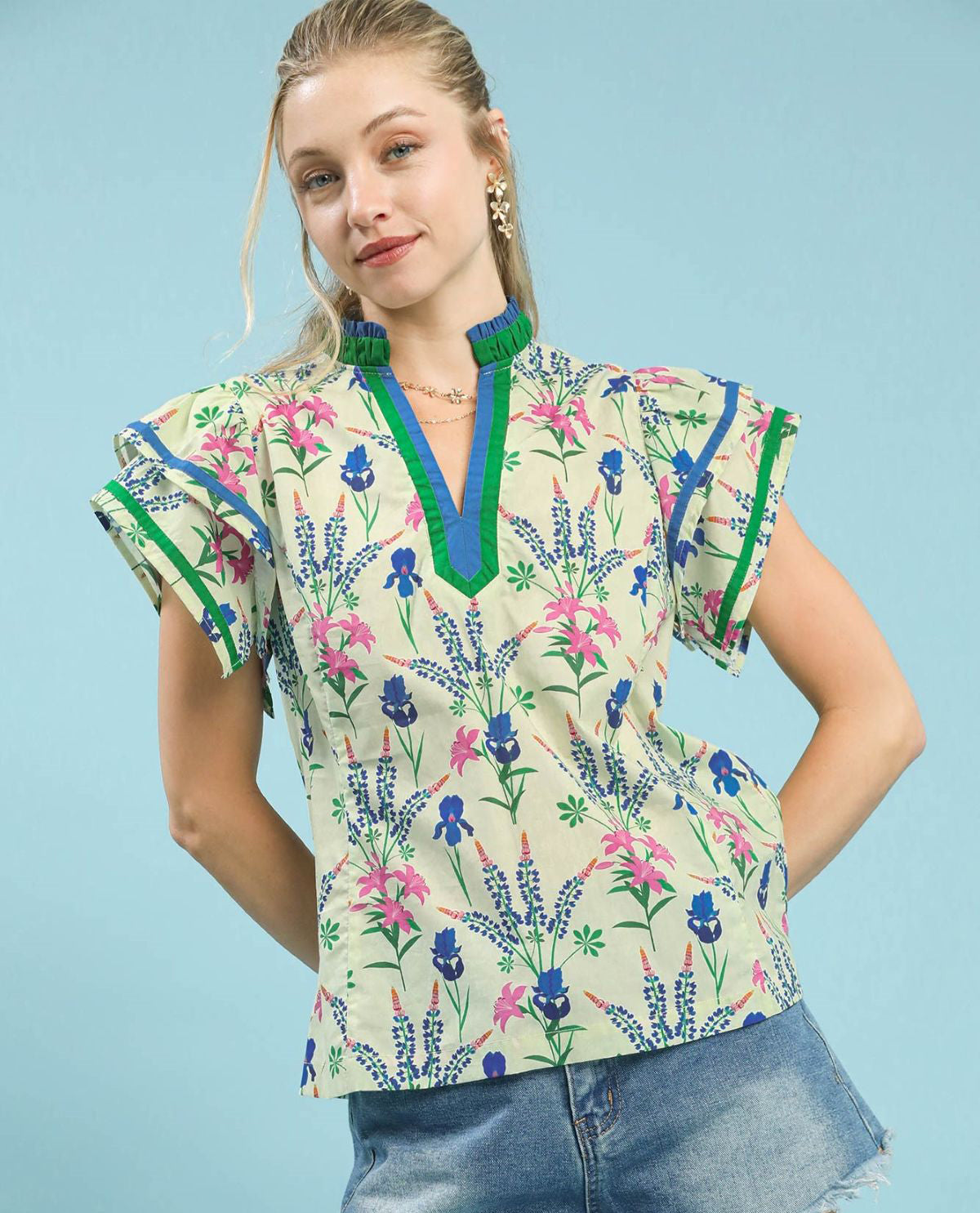 Floral Mix Print Top with Flutter Sleeves